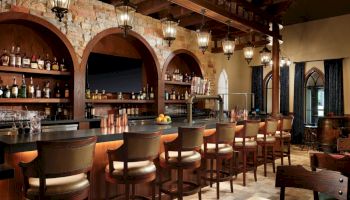Cozy bar with arched shelves, hanging lanterns, and a row of wooden stools along a polished counter, warm lighting, and rustic decor.